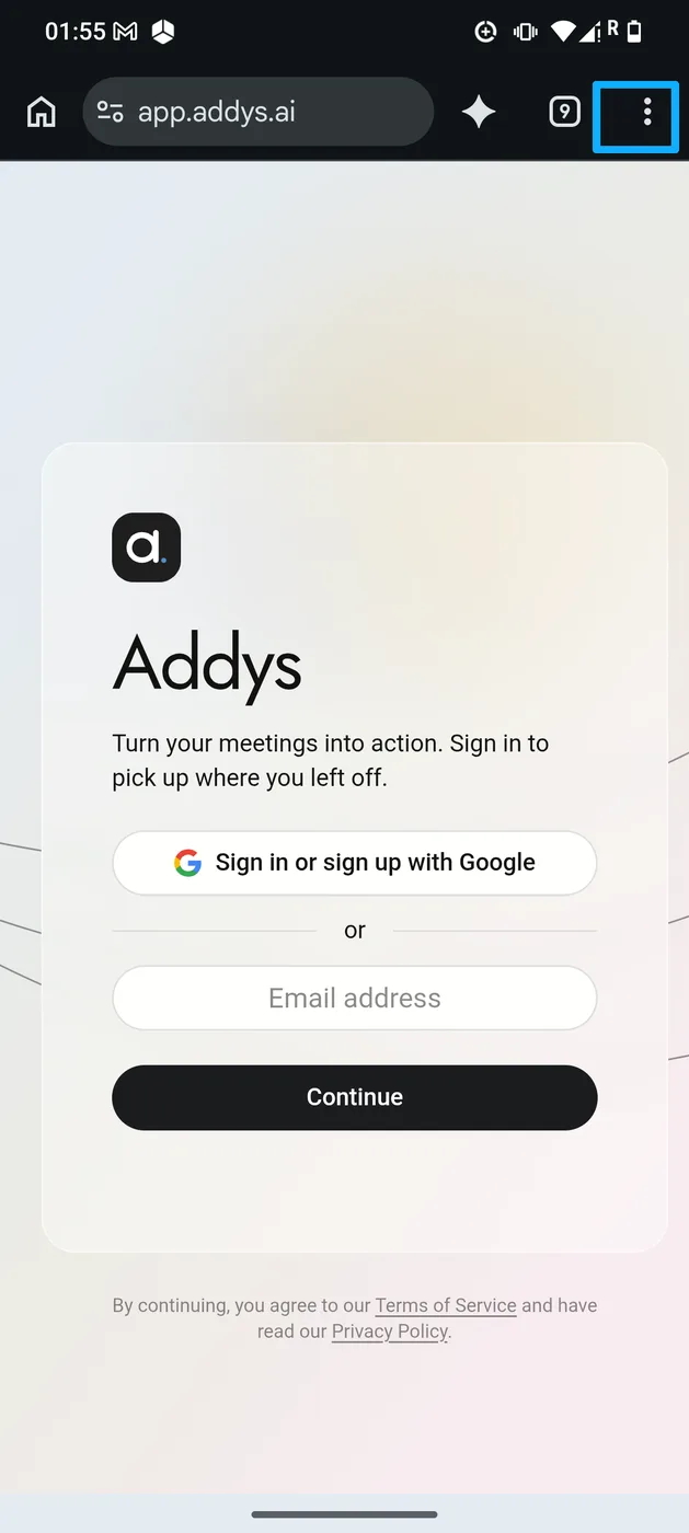 Chrome on app.addys.ai with the menu button highlighted