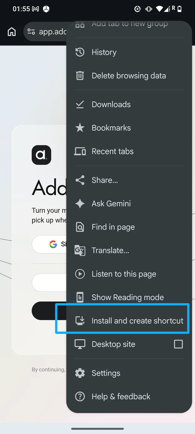 Chrome menu with Install and create shortcut highlighted