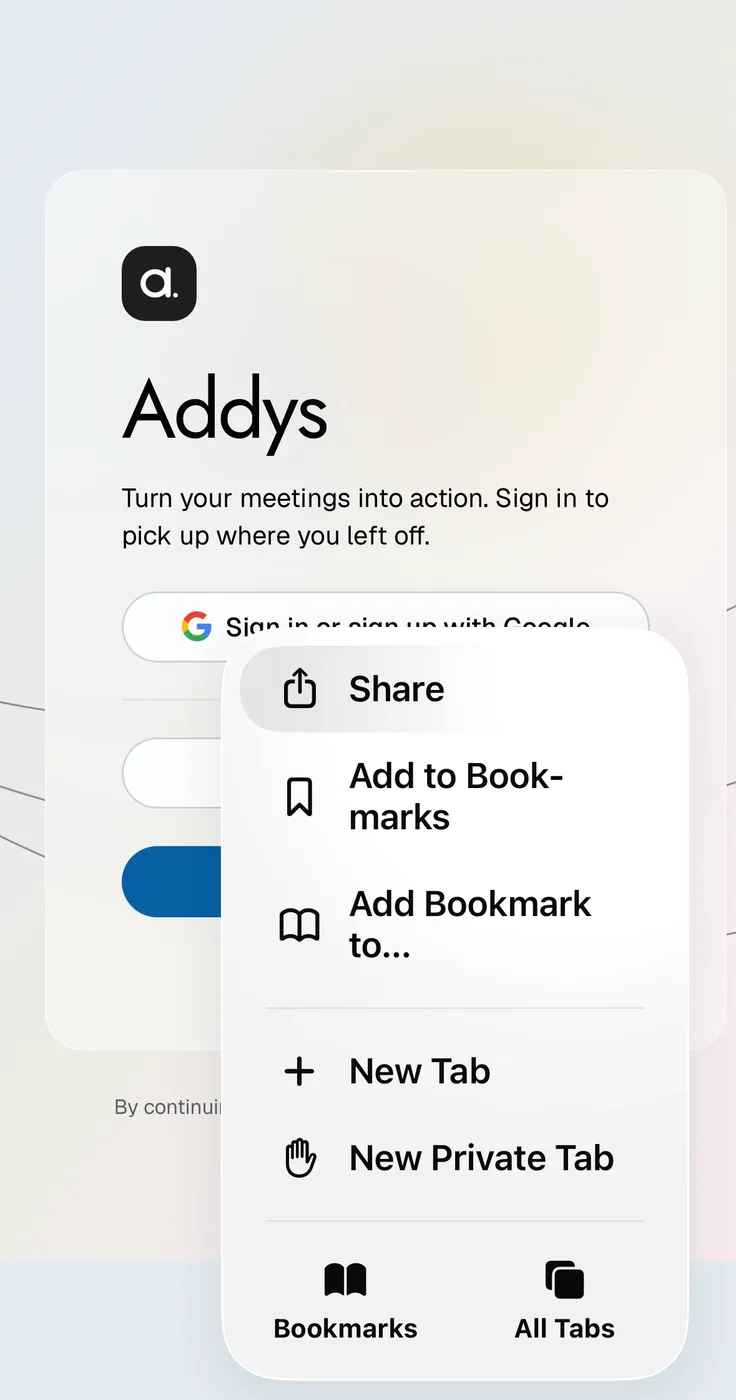 Safari menu open on app.addys.ai with Share highlighted