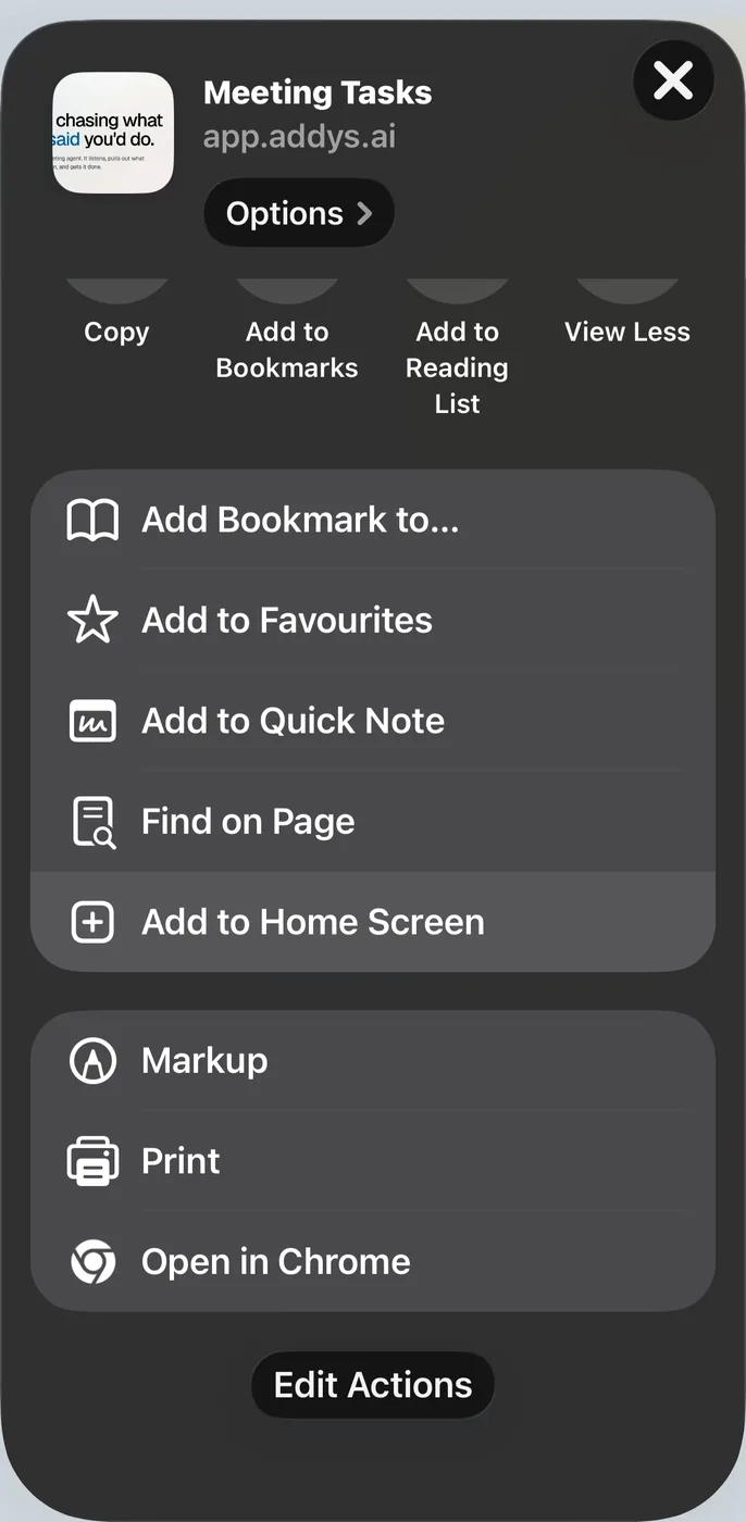 iOS Share sheet with Add to Home Screen highlighted