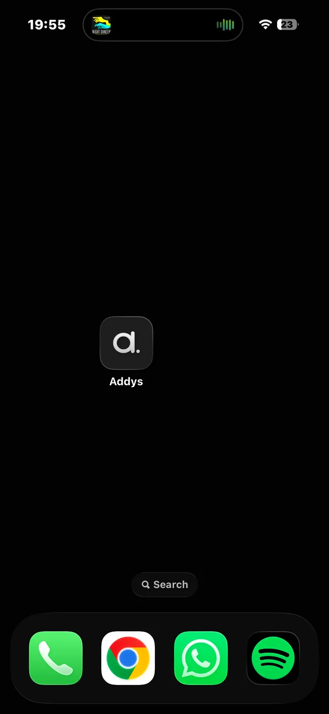 iPhone home screen showing the Addys icon