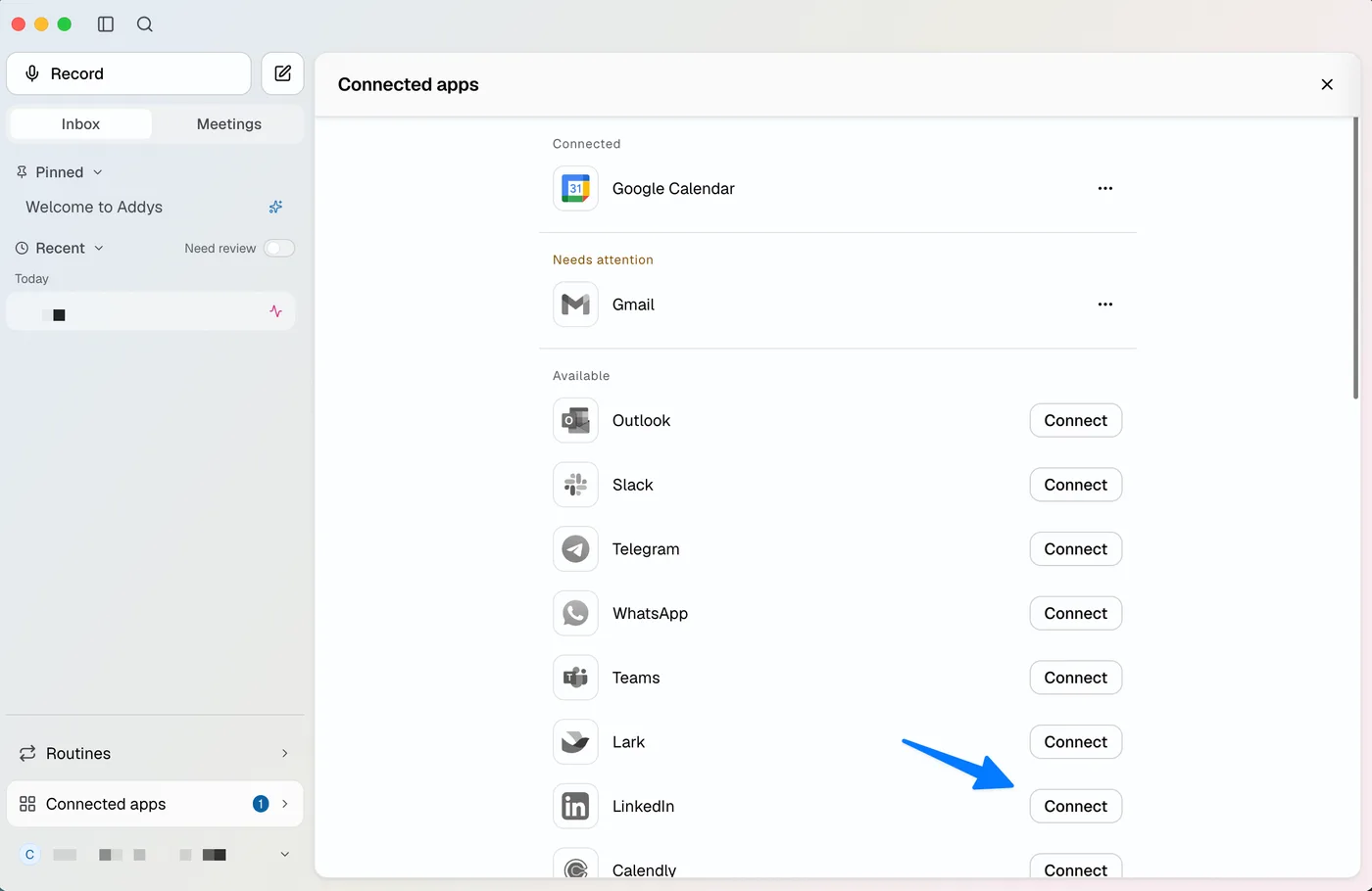 Connected apps panel with the Connect button next to LinkedIn