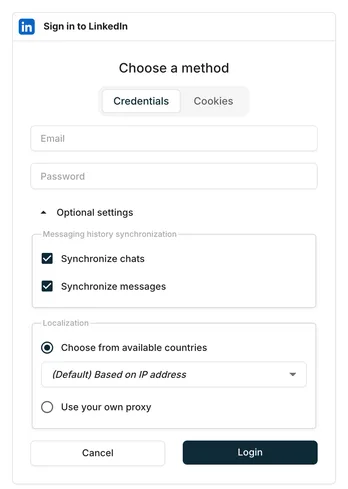 Sign in to LinkedIn dialog, Credentials tab