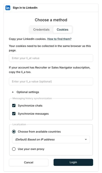 Sign in to LinkedIn dialog, Cookies tab