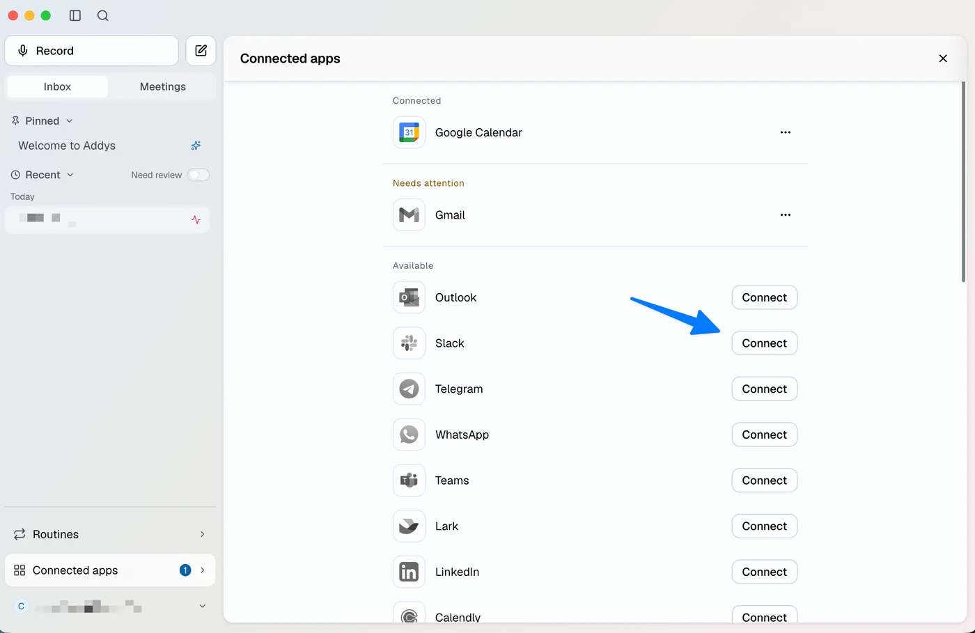 Connected apps panel with the Connect button next to Slack