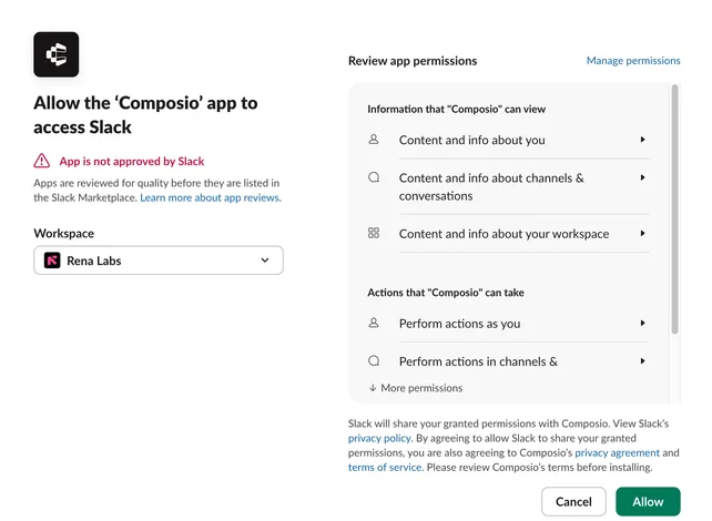 Slack permission review screen with the Allow button