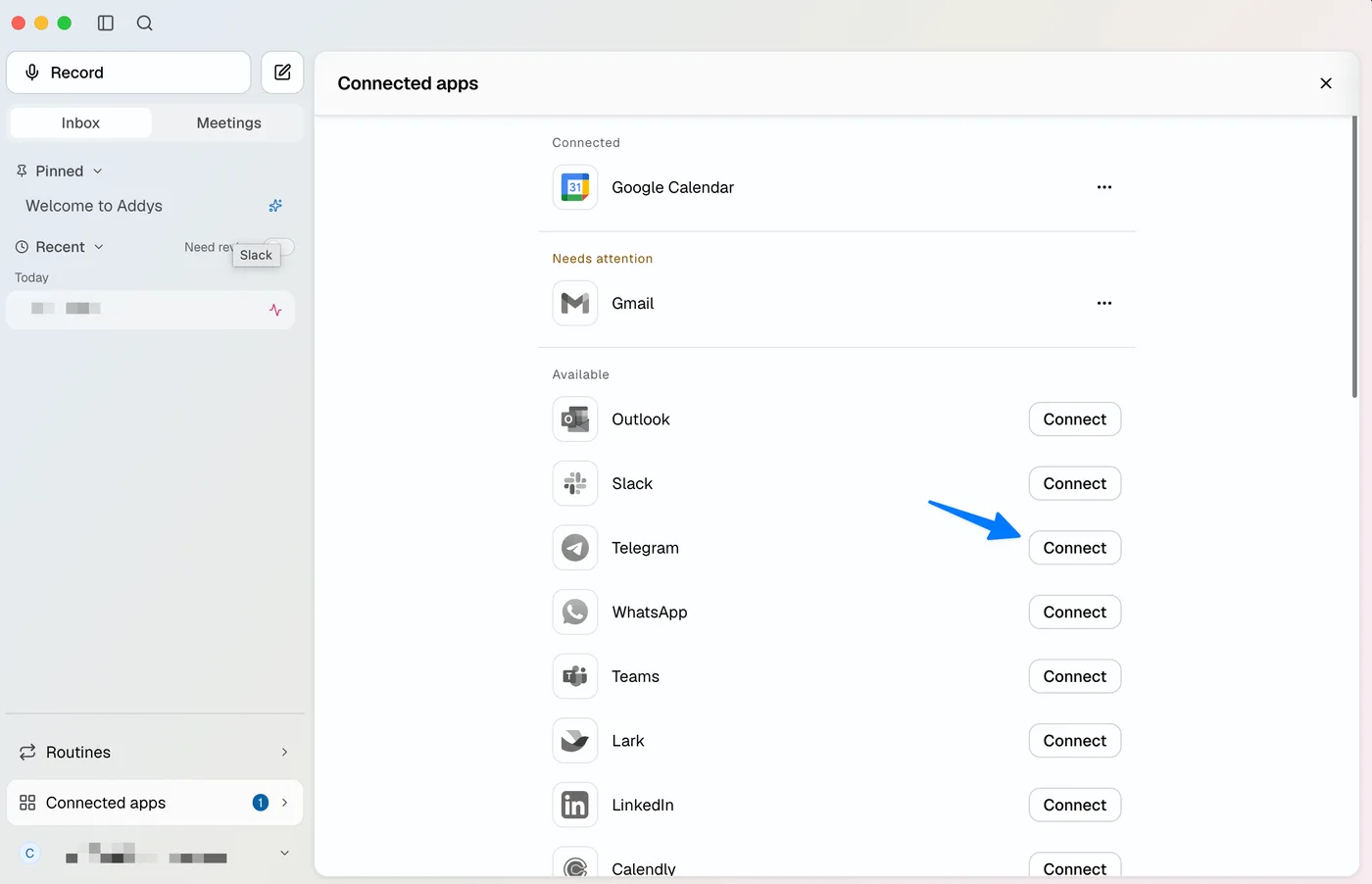 Connected apps panel with the Connect button next to Telegram