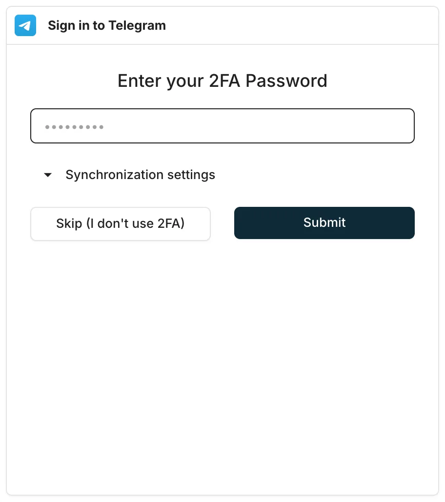Sign in to Telegram dialog asking for the 2FA password