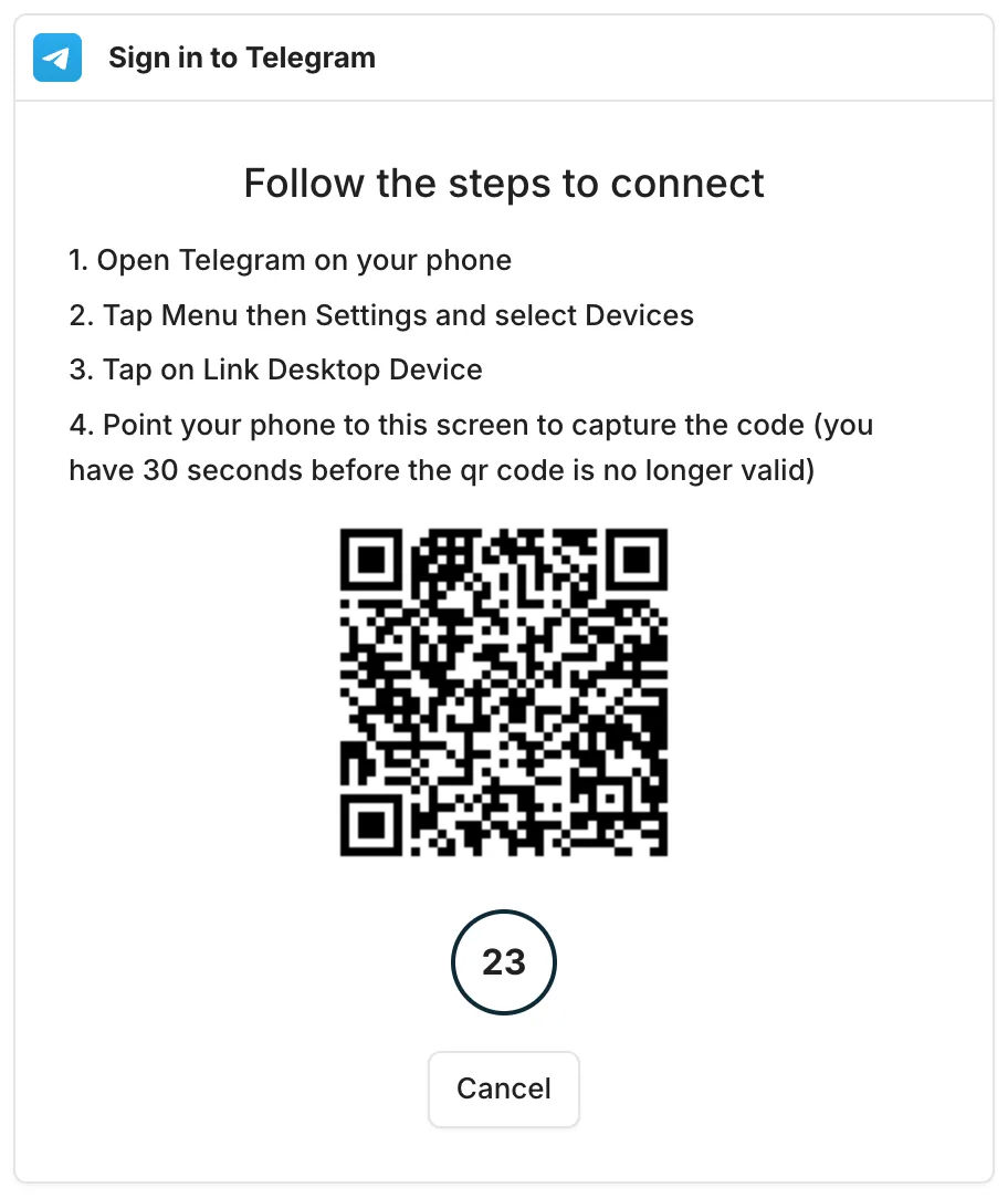 Sign in to Telegram dialog showing the QR code