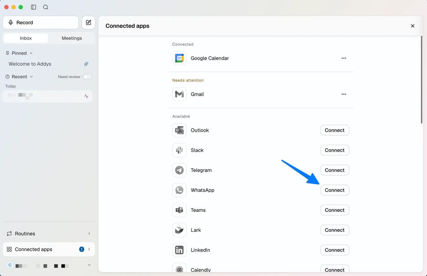Connected apps panel with the Connect button next to WhatsApp