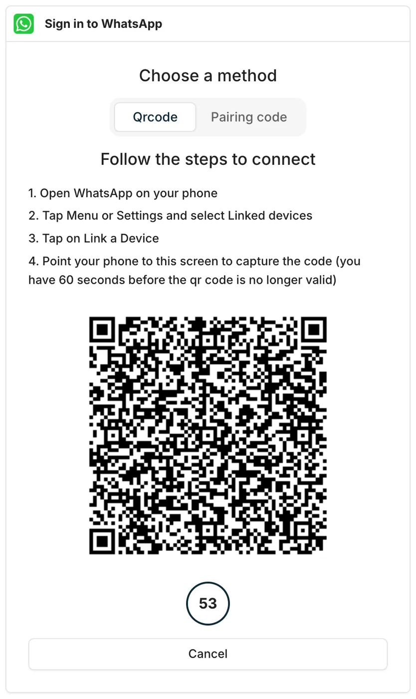 Sign in to WhatsApp dialog showing the QR code