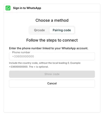 Sign in to WhatsApp dialog, Pairing code tab